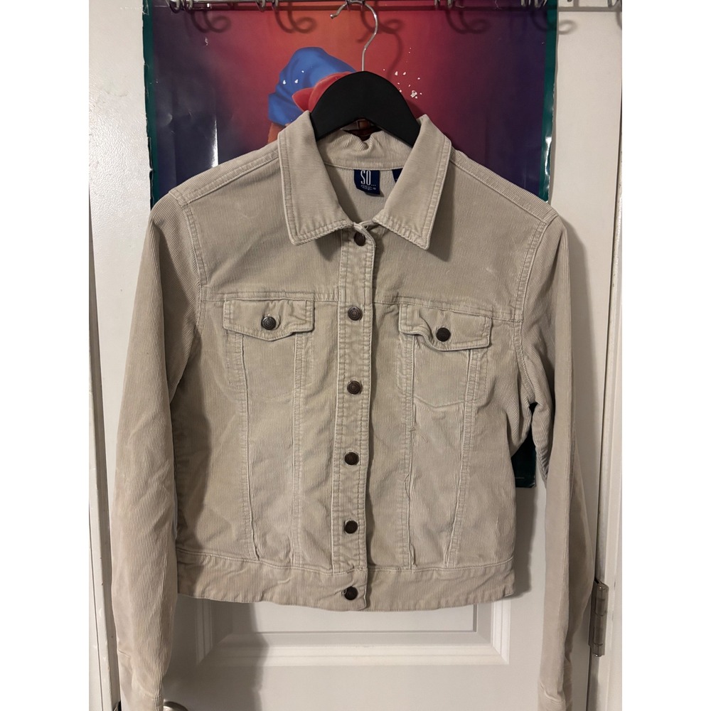 SO GSJC Women Tan Beige Corduroy Trucker Jacket y2k Front Size Large L